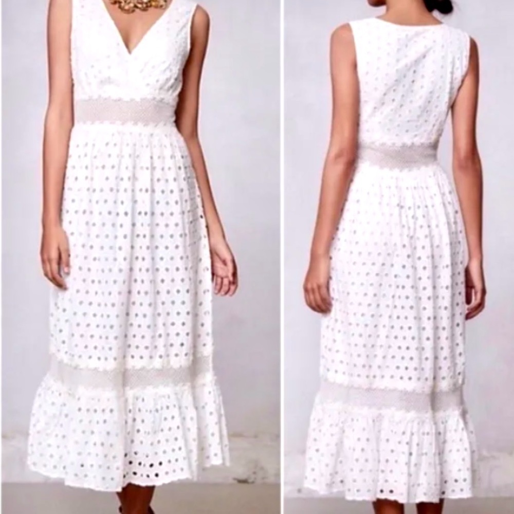 Anthropology Leifnotes Off White Sleeveless‎ Eyelet Coquette Maxi Dress-Size 12